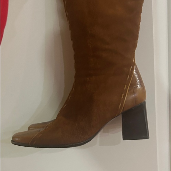 Made In Italy Camel Tan Brushed Suede and Leather High Calf Heeled Boots - Picture 8 of 14